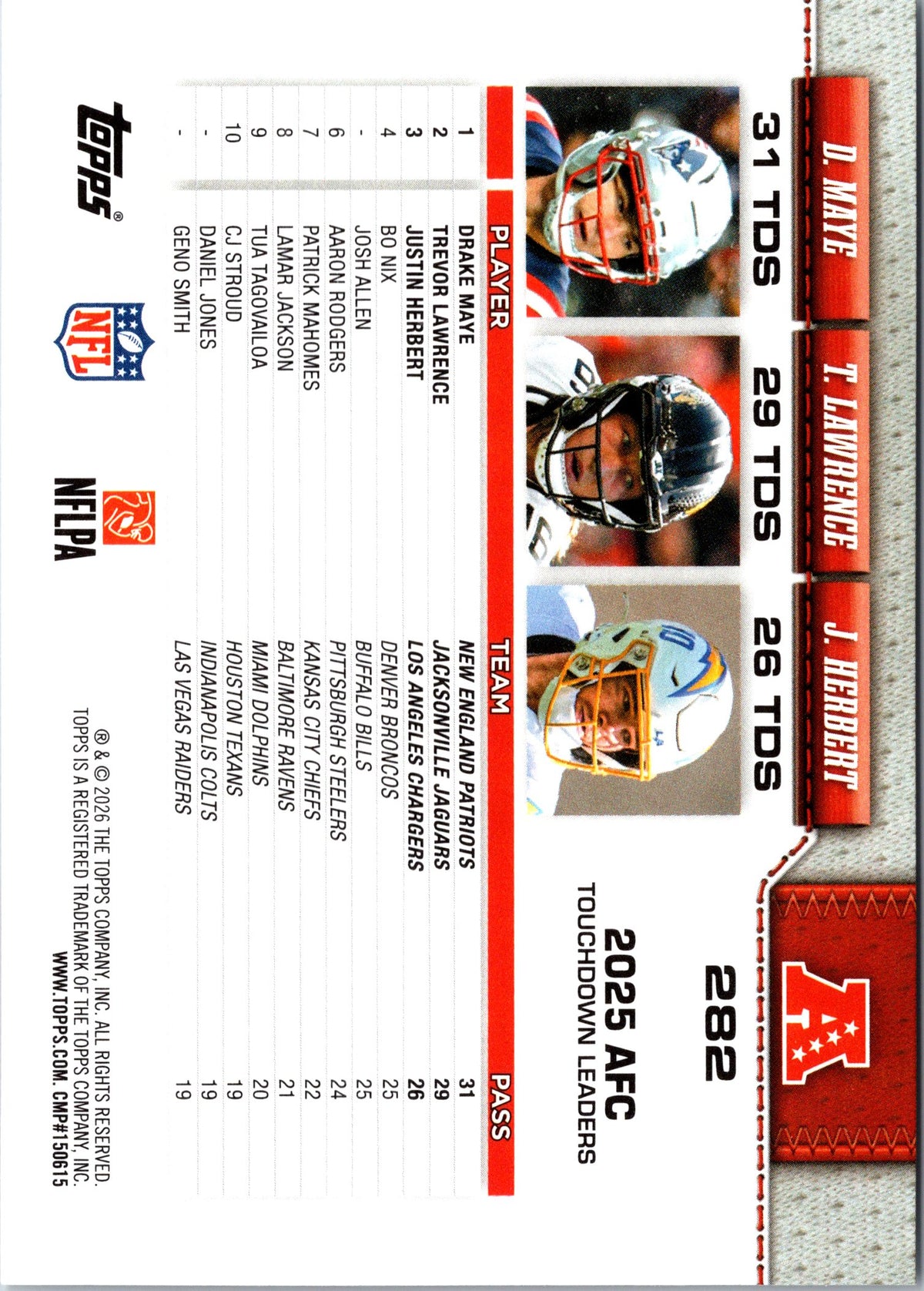 2026 Topps Flagship #282 AFC Leaders (Lawrence / Maye / Herbert)