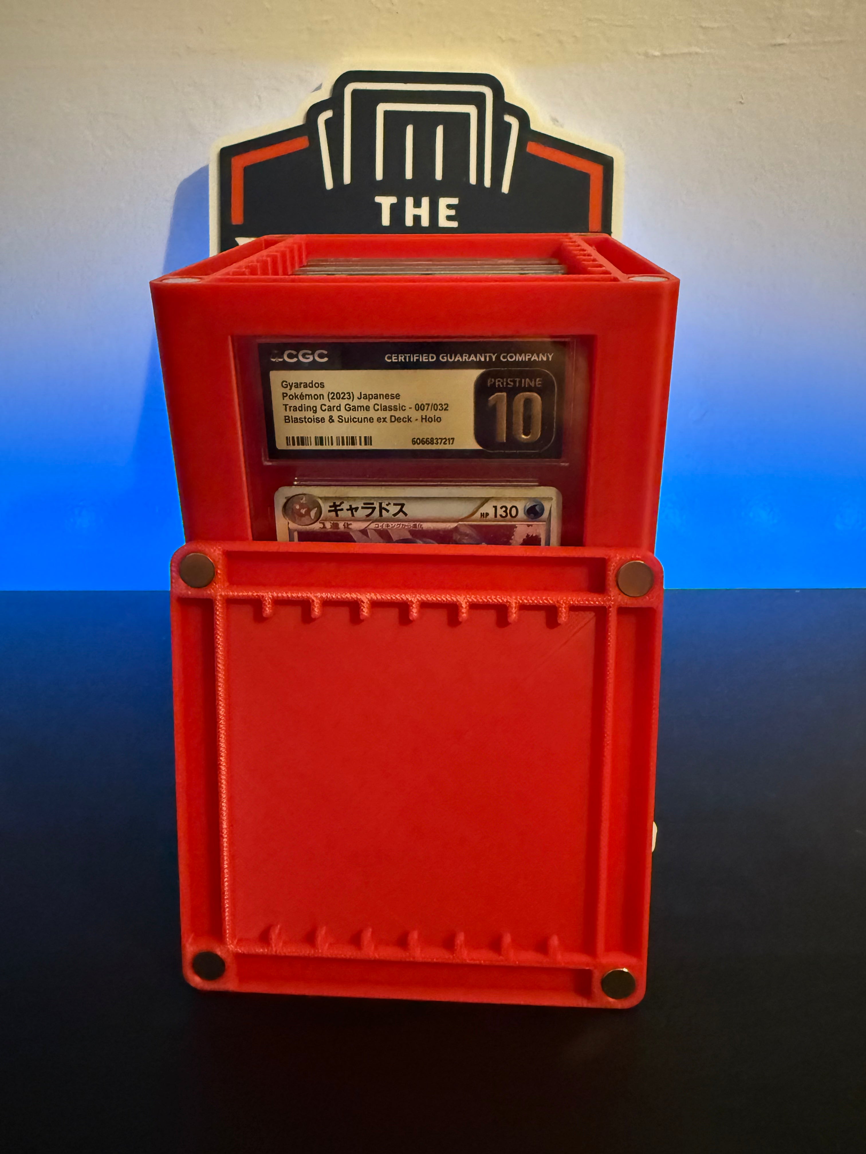 The Slab Stand by The Pulling Guard - Red & White Stripe - Spinning Graded Card Display - Fits CGC, TAG, PSA, AGS - DOES NOT FIT BECKETT